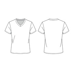 Front and back view of a plain white v neck t shirt isolated on white background