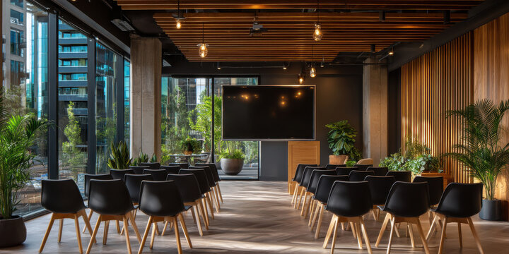 Modern meeting room with black chairs and large screen, natural light and green plants creating calm creative space