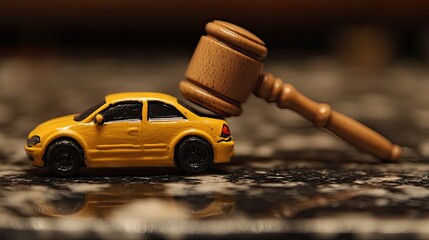 Gavel slamming down on a toy car, symbolizing legal consequences of a car accident or dispute.