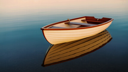 Naklejka premium Serene Wooden Rowboat on Calm Water at Sunset