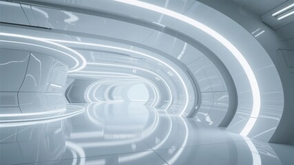 Futuristic White Corridor with Curved Walls and Glowing Lights