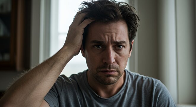 Troubled man sits indoors, hand in hair, gazing intensely at the camera, conveying feelings of stress, worry, and deep thought.