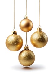 Elegant golden christmas ornaments suspended against a crisp white backdrop scene