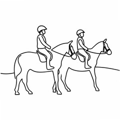 Fototapeta premium Two children riding horses in a simple outline style equestrian sport