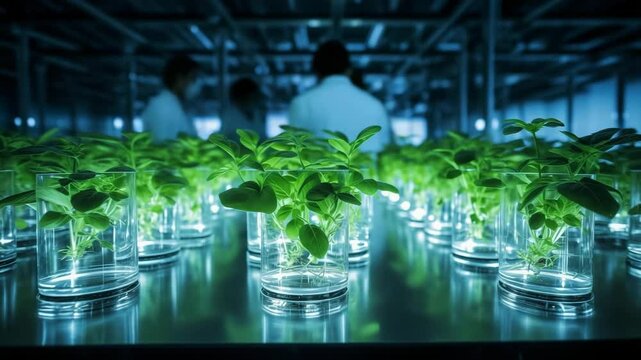 Rows of Lush Basil Sprouts Grow in Clear Glass Jars Under Blue Lights in a Modern Hydroponics Lab, Scientists in Background.
