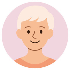 Cartoon avatar of smiling young person with short light blonde hair isolated on pastel background