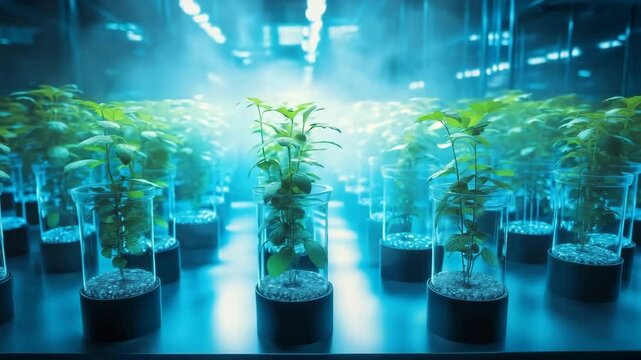 Rows of Young Plants Grow in Glass Vases Under a Blue Glow, Illuminated by Overhead Lights in a Controlled Environment Agriculture Lab.