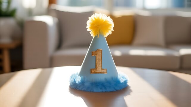 Blue birthday party hat with gold number one and yellow pom pom