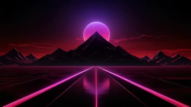 Crimson sky bleeds over jagged mountains, a colossal magenta moon cresting the peaks, reflected in a neon grid stretching to the horizon.