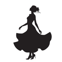 Black Silhouette Vector of Woman Dancing Gracefully with Flowing Dress in Celebration Scene on White Background Full HD