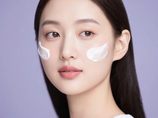 Person with smooth skin and cream patches on cheeks against a soft purple background