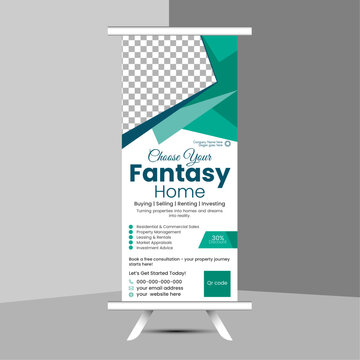 Modern and creative editable Pull up tamplate design luxury and elegant. Clean, Professional and simple Real estate agency roll up design.
