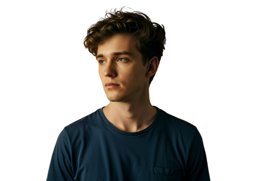 A man looking out longingly, expression of loss on transparent background 