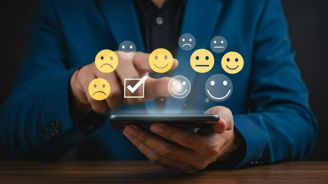 Customer Satisfaction: Man in blue suit gives positive feedback with smiley face icons via smartphone app.