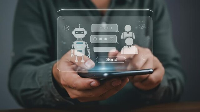 Mobile Chatbot Interaction: Adult Man Uses Smartphone for Customer Service, Messaging AI