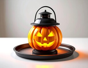 3D lantern icon with jack-o’-lantern face on a tray, glowing Halloween colors, minimal white or blurred backdrop