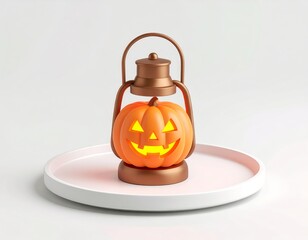 3D lantern icon with jack-o’-lantern face on a tray, glowing Halloween colors, minimal white or blurred backdrop