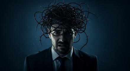 Man burdened by thorny vines, symbolizing mental anguish and emotional distress, in a dark and moody setting.