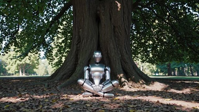 Robot m&eacute;ditant sous un arbre en plein parc