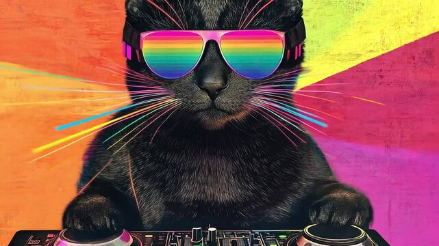 A black cat wearing rainbow sunglasses stands behind a DJ turntable. The background features vibrant geometric patterns in various colors. looped, loop