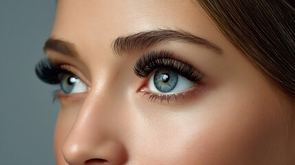Obraz premium Close up of a woman s striking blue eye with voluminous perfectly applied eyelash extensions and sculpted eyebrows