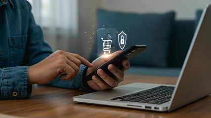 Secure Online Shopping on Mobile: Adult male in denim shirt making safe, secure e-commerce transaction with icons representing cart and security. - Powered by Adobe