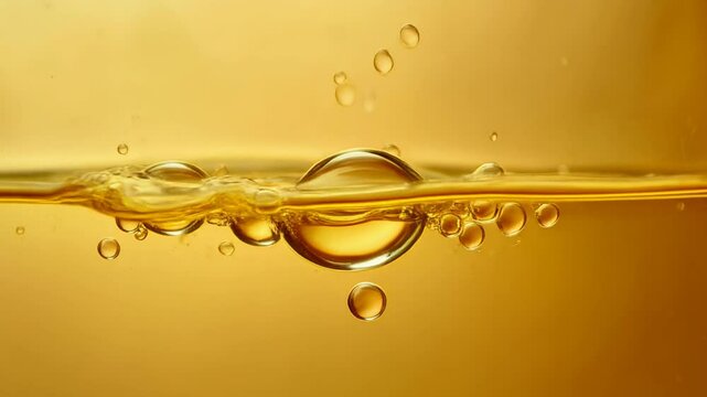 Cooking oil, cooking background, yellow drops of oil and water moving slowly