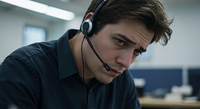 Tired call center agent with headset looks down, overwhelmed by work stress in a dimly lit office. - Powered by Adobe