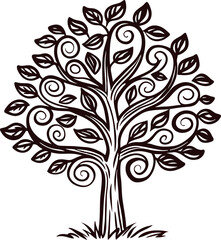 Obraz premium Intricate swirling tree with curved branches and abundant leaves in detailed hand drawn illustration