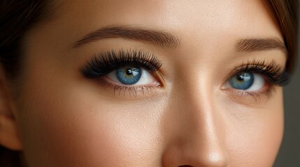 Fototapeta premium Stunning blue eyes with voluminous lashes and perfectly shaped eyebrows showcasing natural beauty