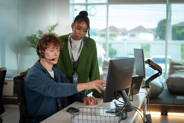 call center businessman telemarketing support operator customer service representative headset...