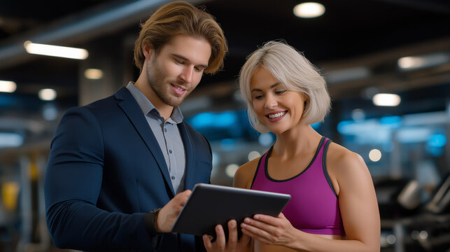 Trainer showing daily activity summary on tablet for woman
