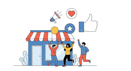 Illustration of people celebrating outside a storefront with social media icons suggesting successful digital marketing and community engagement for small businesses
