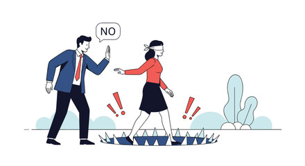 Unaware woman blindfolded walking towards danger while man holds phone and says no