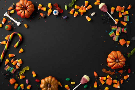 Colorful candy, spooky decorations, and pumpkins arranged on a dark backdrop for Halloween