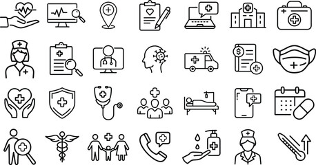 A collection of web icons related to healthcare. icons representing various aspects of Medicine and Health Care, including emergency services, doctors, treatments, medical reports, diagnoses, health.