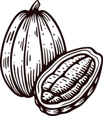 Hand drawn cocoa pod illustration with exposed cacao beans vintage engraved botanical design