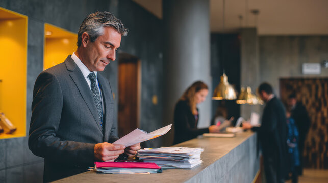 Business professional reviews documents at hotel reception desk with people in background. Hotel business people