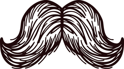 Hand drawn vintage mustache illustration with curved ends and engraved lines