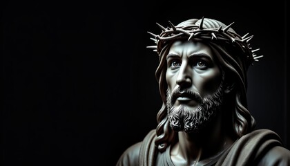 Detailed Sculpture of a Man with a Crown of Thorns in Dim Light