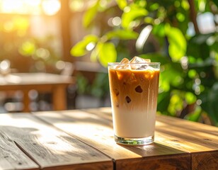 A glass of iced latte placed on a wooden table, with a softly blurred background