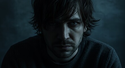 Pensive young man with dark hair stares intensely into the camera, his expression conveying a sense of deep thought and introspection.