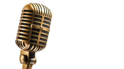 Vintage golden microphone cut out classic retro style studio microphone old fashioned audio equipment isolated on white background