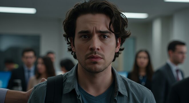 Young man with worried expression stands amidst blurred colleagues, conveying uncertainty and apprehension in a corporate setting.