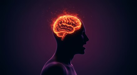 Burning Brain: A fiery visualization of intense mental activity, stress, or overwhelming thoughts, depicted as a human head with a brain engulfed in