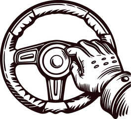 Vintage engraved illustration of gloved hand gripping classic car steering wheel with detailed leather and stitching