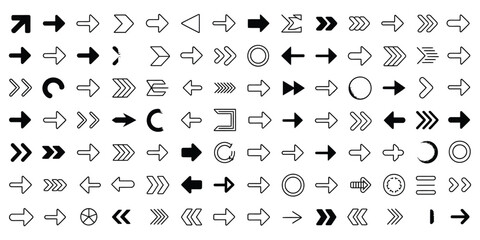 Naklejka premium Flat arrow icons set featuring directional, curved, straight, circular, and zigzag arrows used for navigation, rotation, movement, looping, and user interface design