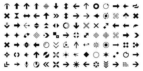 Flat arrow icons set featuring directional, curved, straight, circular, and zigzag arrows used for navigation, rotation, movement, looping, and user interface design"