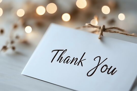 Elegant thank you note card with calligraphy text on white paper against soft bokeh lights background, tied with rustic twine string for heartfelt appreciation message.