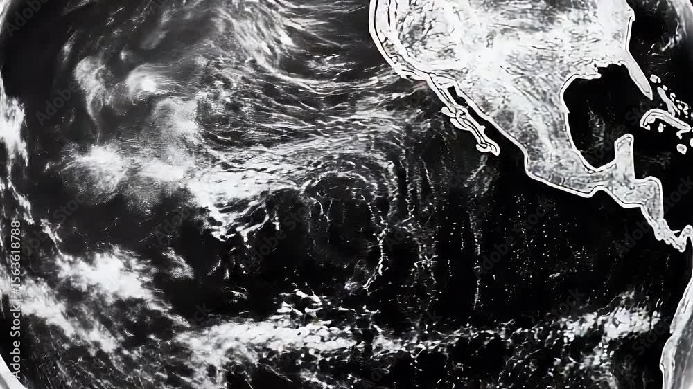 Poster black and white animation of planet earth with illuminated continents against a dark background show